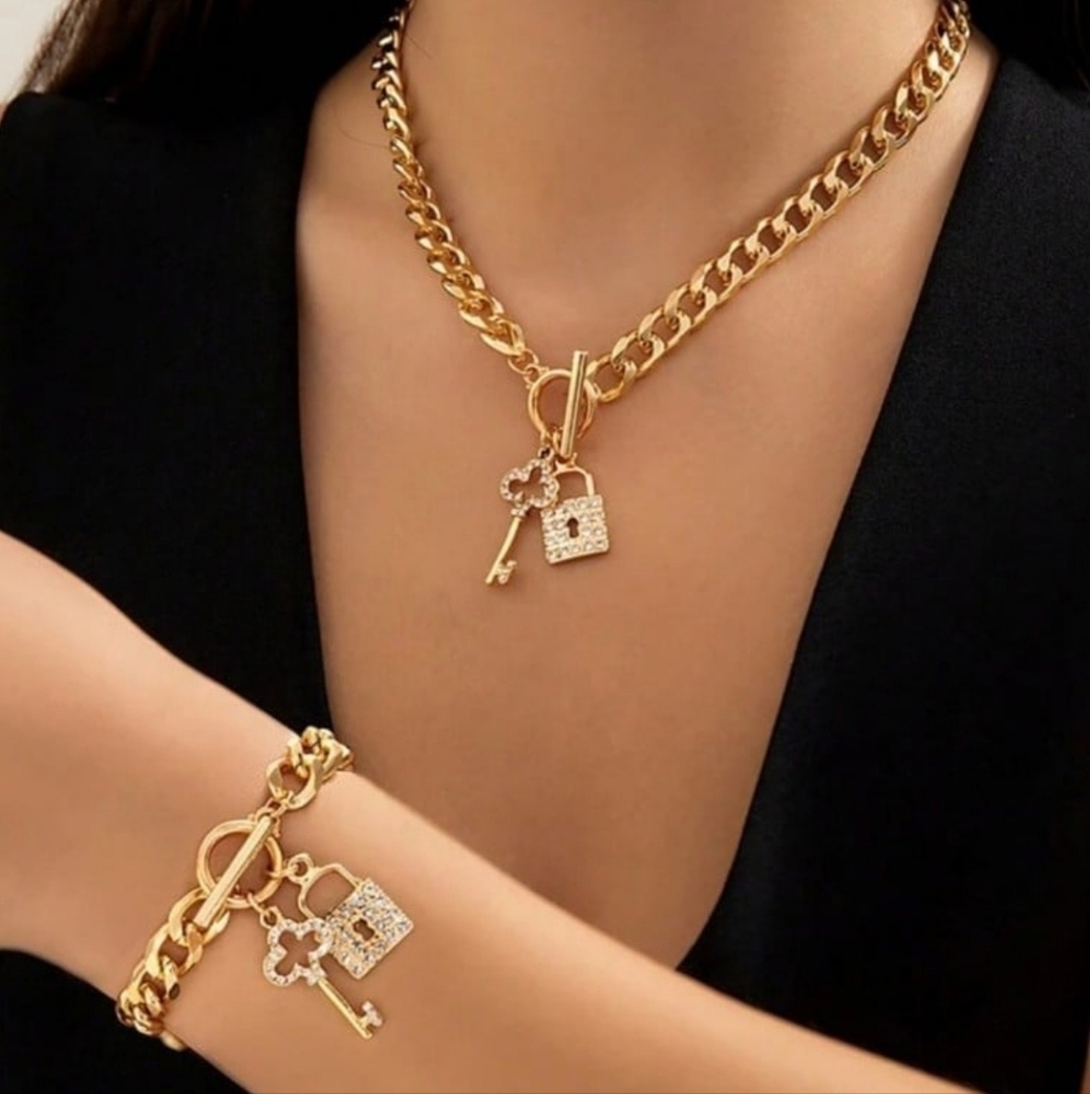 Lock and Key Necklace and Bracelet Toggle Jewelry Fashion